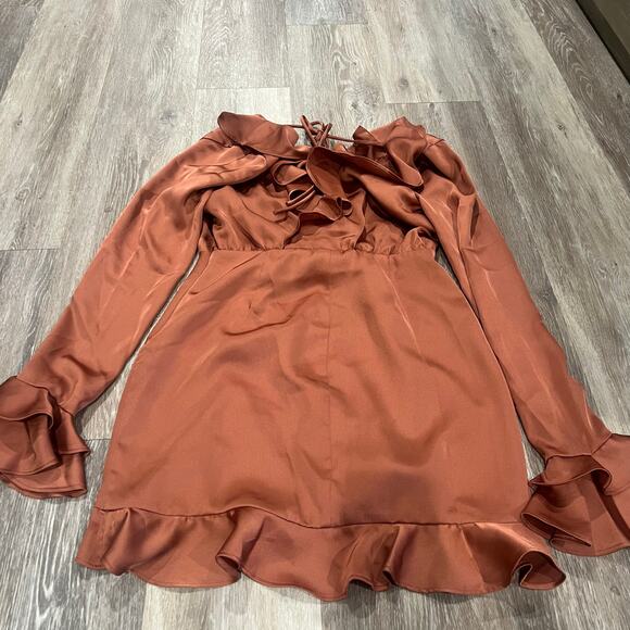 Majorelle Nelly Sain Long Sleeve Ruched Ruffle Dress Terracotta Brown Medium - Picture 8 of 10